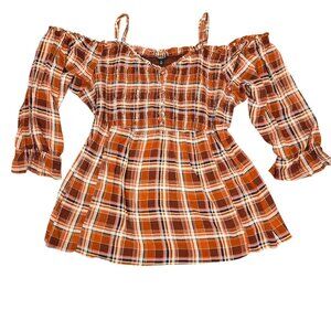 Torrid Womens Plus Size 4 Plaid Off-Shoulder Smocked Top Orange Rust & White Ray